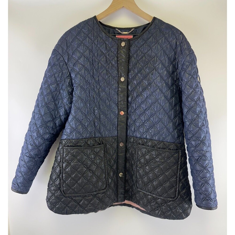 Kate Spade Quilted Color Block Jacket Navy Black Snap Collarless Womens Large